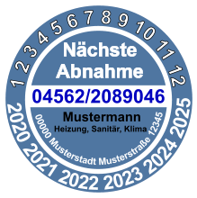 Nächste  Abnahme  1 2 3 4 5 6 7 8 9 10 11 12  2020 2021 2022 2023 2024 2025 04562/2089046     00000 Musterstadt Musterstraße 12345  Mustermann Heizung, Sanitär, Klima