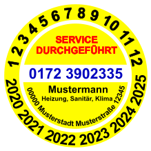 SERVICE  DURCHGEFÜHRT   1 2 3 4 5 6 7 8 9 10 11 12  2020 2021 2022 2023 2024 2025 0172 3902335     00000 Musterstadt Musterstraße 12345  Mustermann Heizung, Sanitär, Klima
