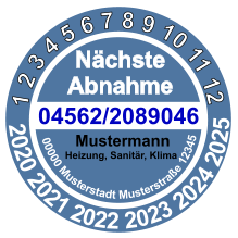 Nächste  Abnahme  1 2 3 4 5 6 7 8 9 10 11 12  2020 2021 2022 2023 2024 2025 04562/2089046     00000 Musterstadt Musterstraße 12345  Mustermann Heizung, Sanitär, Klima